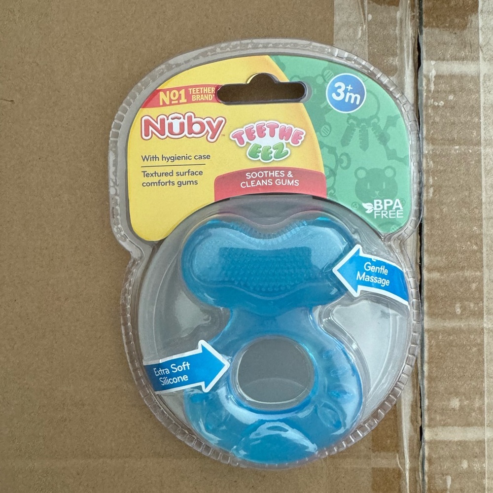 3 Nuby Silicone Teethe-EEZ Teether with Bristles, Includes Hygienic Case, Blue